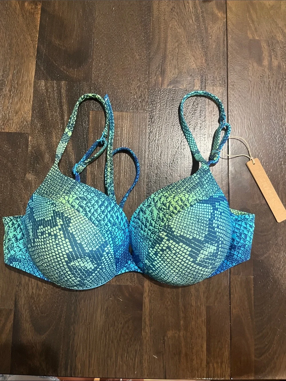 SKIMS Size 5 32D 34C Aqua Ombre Snake Ultimate Push-Up Tie Back Bikini Top NWT